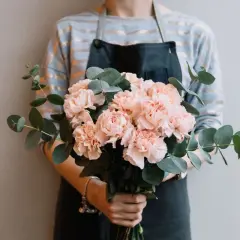 En bukett med ljusrosa nejlika blomma och eukalyptusblad hålls av en person i förkläde.