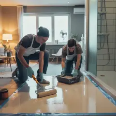 Två personer är i färd med att måla badrumsgolv med en roller.