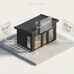 En illustration som visar en friggebod med mått för total yta (15 m²), nockhöjd (3,0 m) och avstånd till tomtgräns (4,5 m). Perfekt för att planera din friggebod.