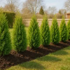 Række af nyplantede, grønne thuja-træer i en solrig have. Plantera thuja för att skapa en vacker häck.