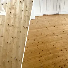 Före och efter: Ett slitet parkettgolv har fått nytt liv. Nu är det redo att måla parkettgolv för en fräsch look.