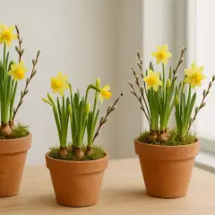 Tre krukor med gula påskblommor, påskliljor och videkissar, som sprider vårkänsla.