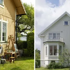 Gult och vitt hus som ska måla om. Trädgård med stege och tvättlina.