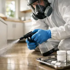 Person i skyddsdräkt och gasmask sprayar vid golvlisten. Kanske för att behandla asbest lim.