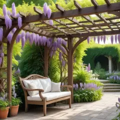 En vacker blåregn pergola med en träbänk under, omgiven av lila blommor och grönska. En idyllisk plats att njuta av trädgården.