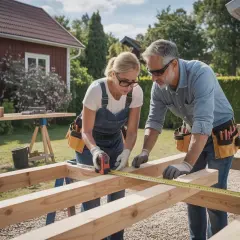 Par som samarbetar för att bygga friggebod. De mäter trä för projektet utomhus.