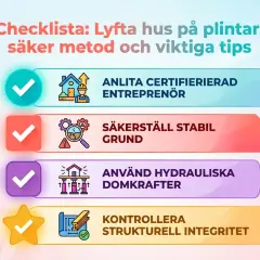 Checklista för att lyfta hus med domkraft: Anlita proffs, säkerställ grunden, använd hydrauliska domkrafter och kontrollera strukturen.