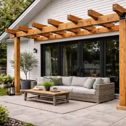 En vacker uteplats med en nybyggd pergola, bekväm soffgrupp och ett lågt bord. Perfekt för att njuta av sommaren.