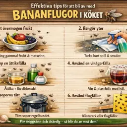 Effektiva tips för att bli av med bananflugor i köket: ta bort övermogen frukt, rengör ytor, sätt upp ättiksfällor, använd vinägerfällor, håll soporna tätt och använd flugfällor.