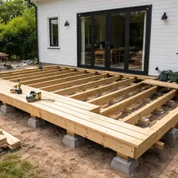 Grundstomme för altan byggs. Träbjälkar på betongplintar, redo för trall. Verktyg ligger redo för att fortsätta bygga altan.