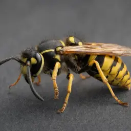 En närbild av en geting med svarta och gula ränder. En bra bild för att lära sig hur man kan bli av med getingar.