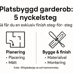 Skapa en platsbyggd garderob med 5 steg: planering, placering, mått, materialval och montering.