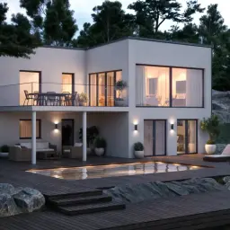 Moderna nordiska villor med pool och terrass i en naturskön miljö.