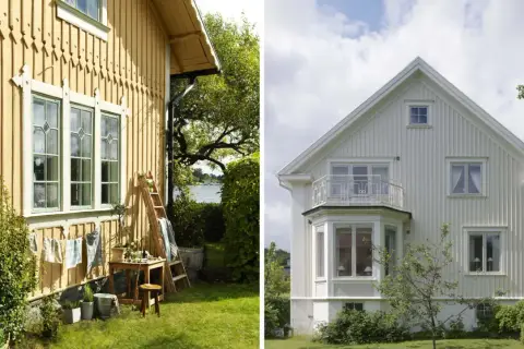 Gult och vitt hus som ska måla om. Trädgård med stege och tvättlina.