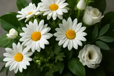 En bukett med vita prästkragar, en marguerite blomma, och vita rosor.