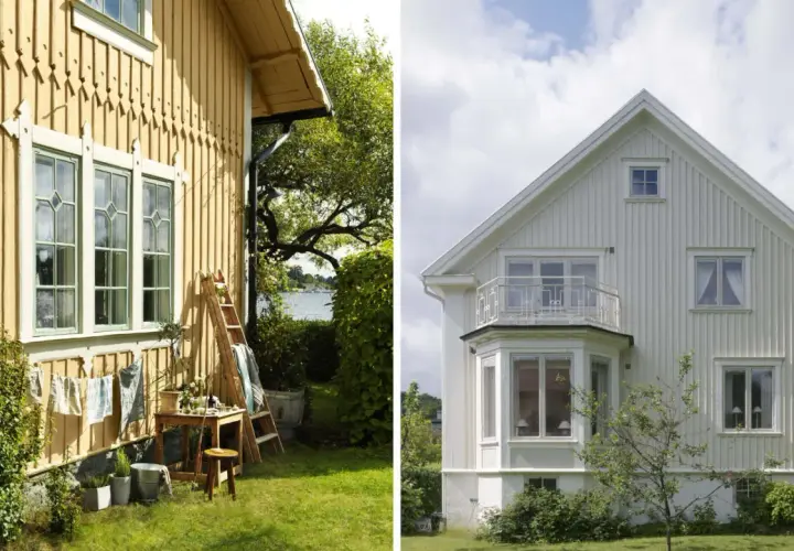 Gult och vitt hus som ska måla om. Trädgård med stege och tvättlina.