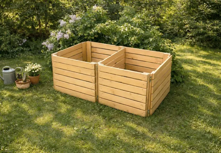 Två sektioner av en kompostbehållare i trä står på en gräsmatta. Bredvid finns en vattenkanna och krukor med blommor, redo att börja bygga kompost.
