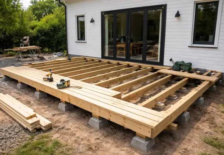 Grundstomme för altan byggs. Träbjälkar på betongplintar, redo för trall. Verktyg ligger redo för att fortsätta bygga altan.