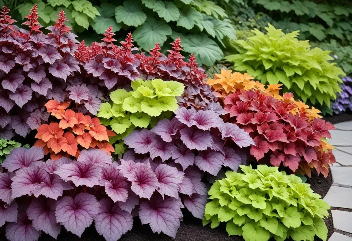 Färgsprakande alunrot samplantering i nyanser av lila, orange, rött och limegrönt. En levande matta av bladverk.