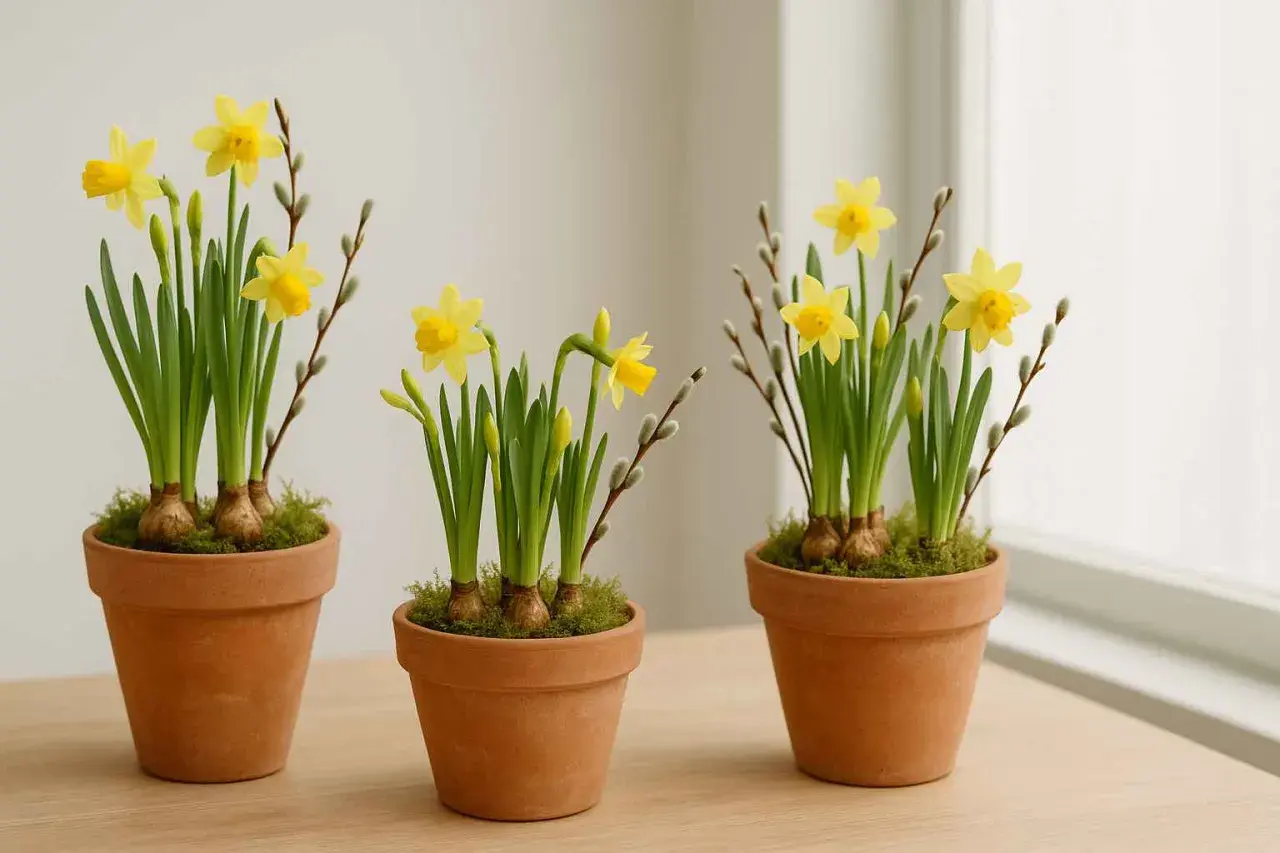 Tre krukor med gula påskblommor, påskliljor och videkissar, som sprider vårkänsla.