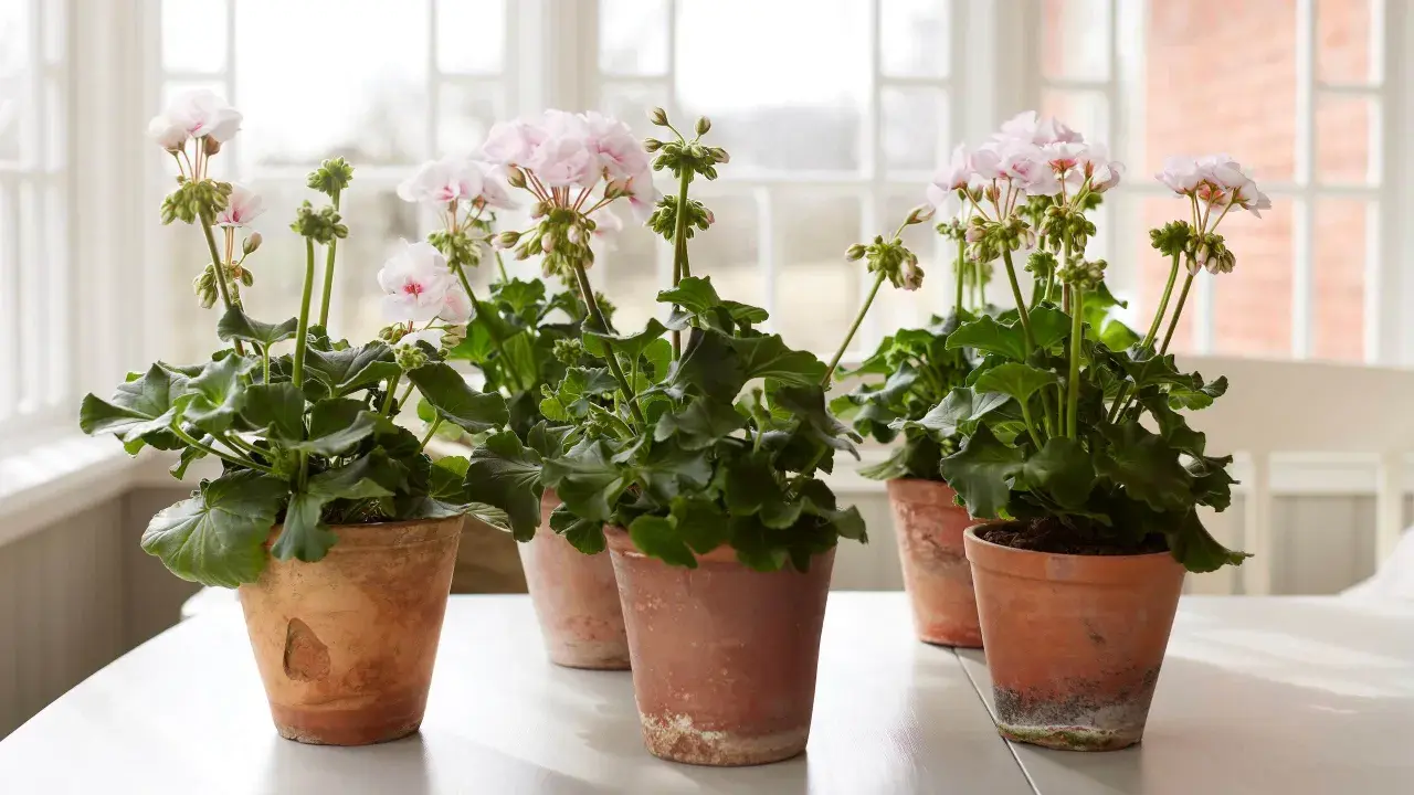 Flera krukor med ljusrosa pelargoner inomhus, placerade på ett vitt bord framför ett fönster.