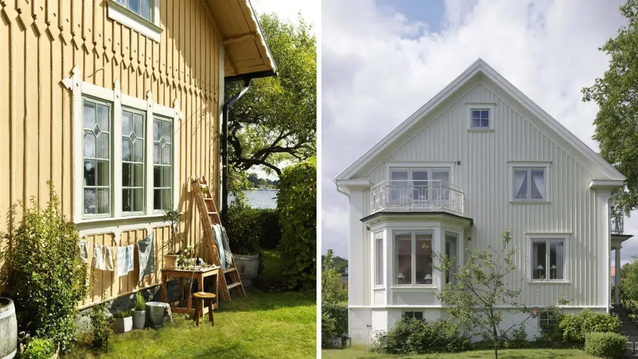 Gult och vitt hus som ska måla om. Trädgård med stege och tvättlina.