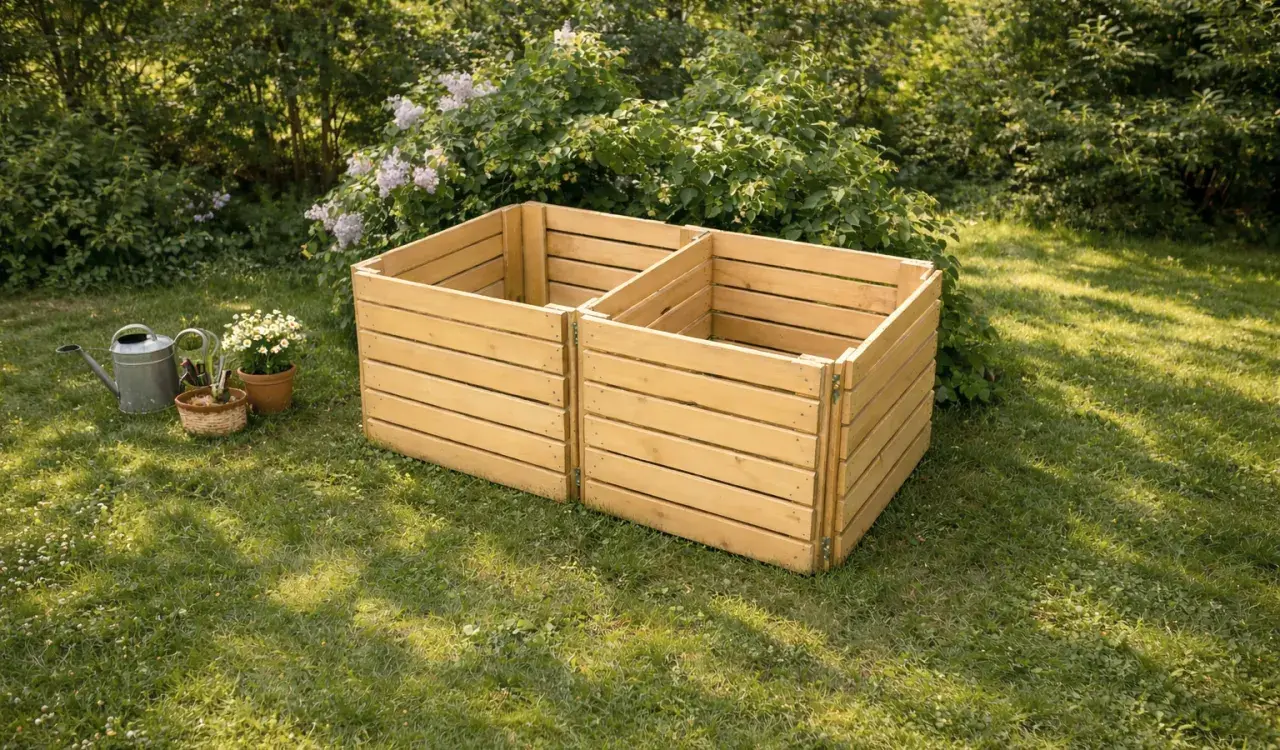 Två sektioner av en kompostbehållare i trä står på en gräsmatta. Bredvid finns en vattenkanna och krukor med blommor, redo att börja bygga kompost.
