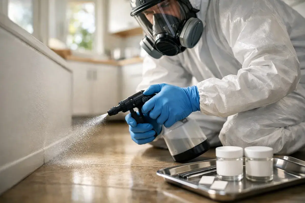 Person i skyddsdräkt och gasmask sprayar vid golvlisten. Kanske för att behandla asbest lim.