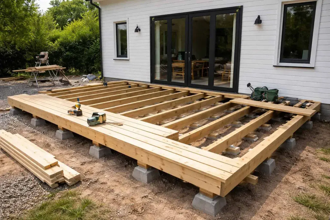 Grundstomme för altan byggs. Träbjälkar på betongplintar, redo för trall. Verktyg ligger redo för att fortsätta bygga altan.