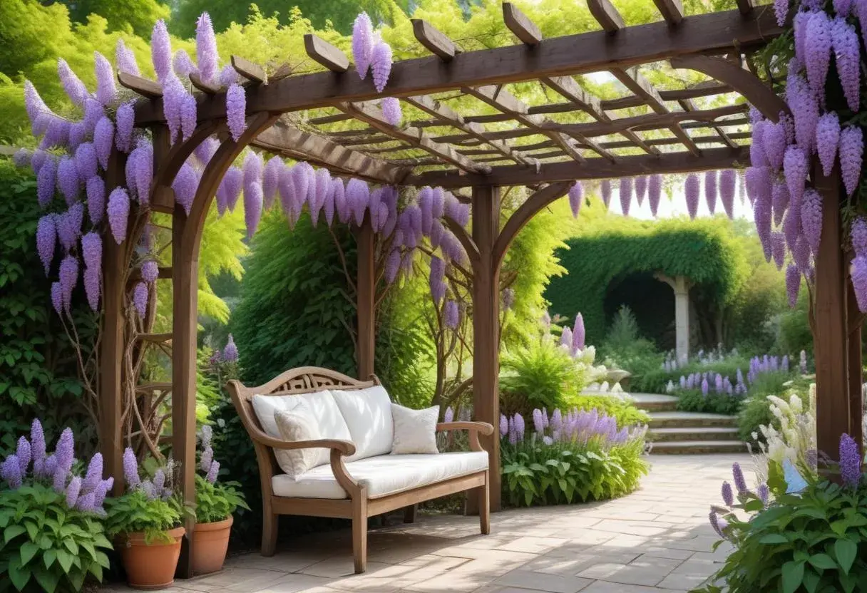 En vacker blåregn pergola med en träbänk under, omgiven av lila blommor och grönska. En idyllisk plats att njuta av trädgården.