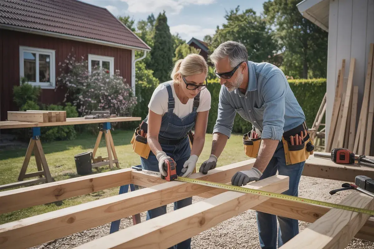 Par som samarbetar för att bygga friggebod. De mäter trä för projektet utomhus.