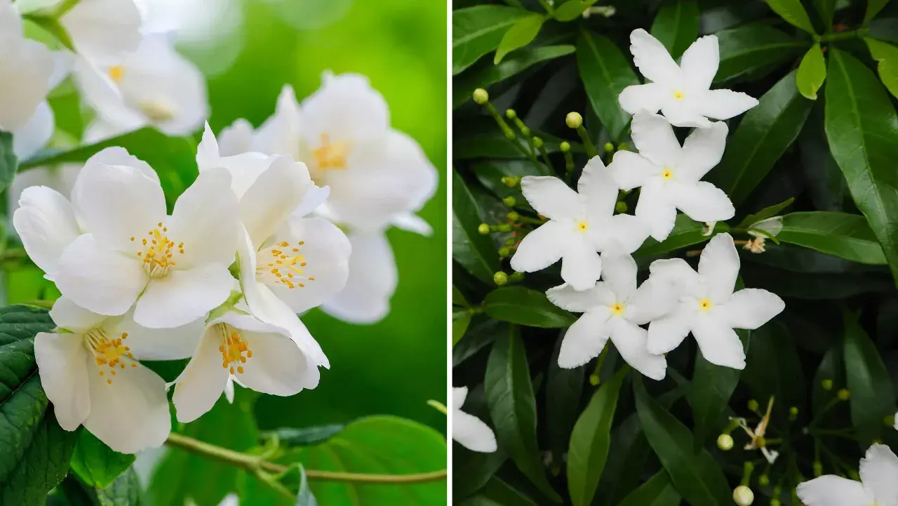 Två närbilder på vita blommor med gröna blad. Den vänstra sidan visar en klunga av jasminblommor med gula ståndare. Den högra sidan visar stjärnformade blommor med mörkgröna blad. Doft jasmin sprider sin ljuvliga doft.