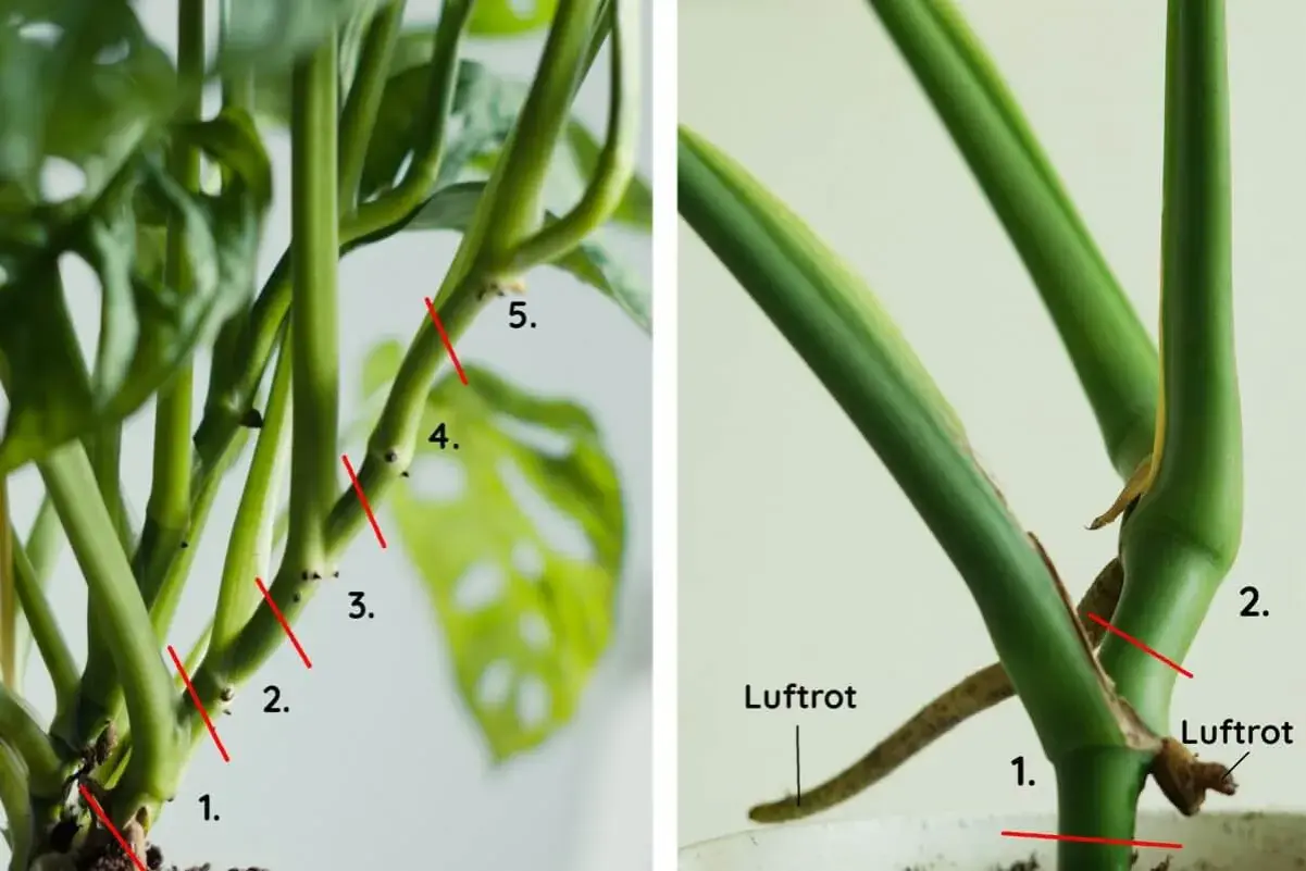 Delar av en monstera stickling med numrerade snitt och luftrötter. Perfekt för att föröka din Monstera.