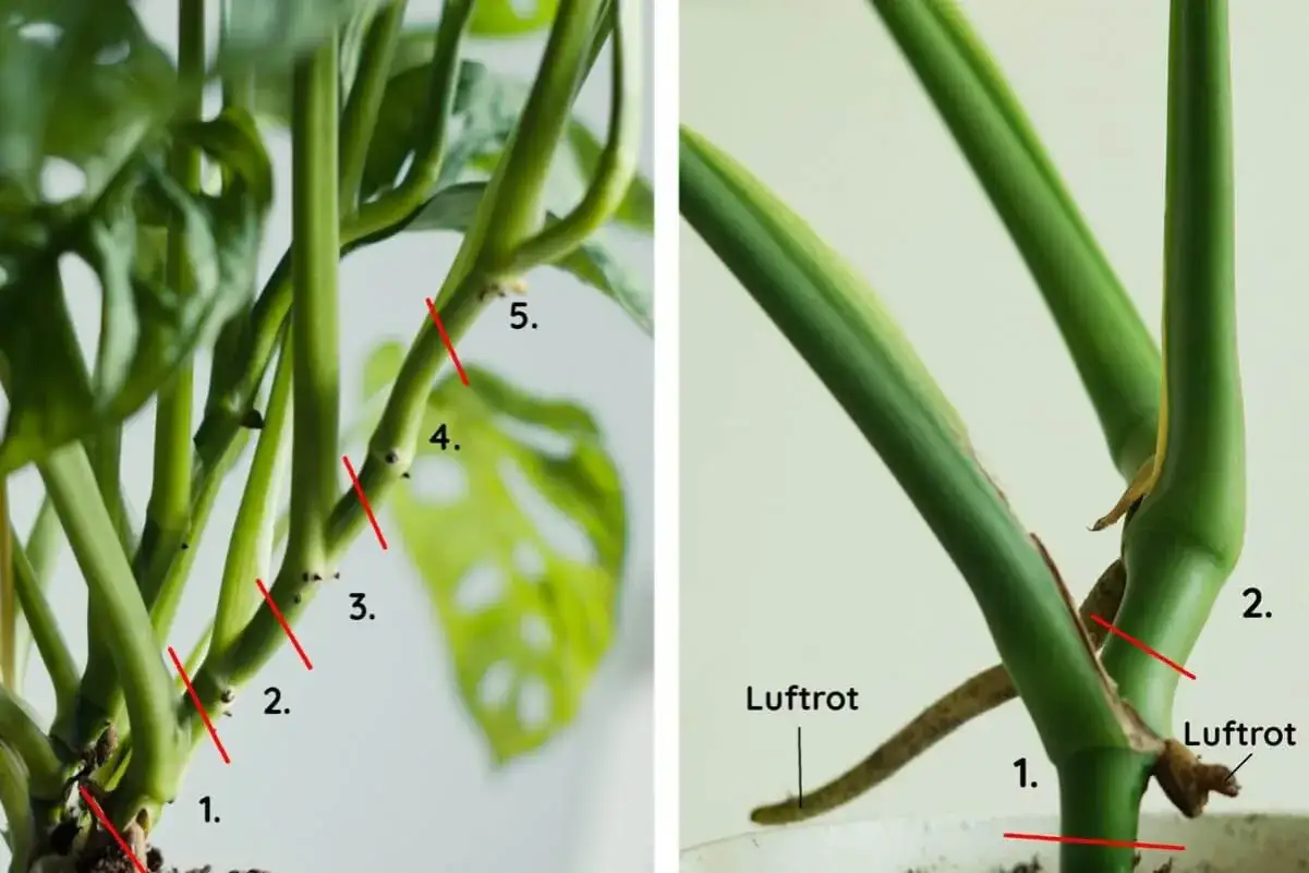 Monstera stickling med numrerade snitt och luftrot. Perfekt för att ta nya skott.