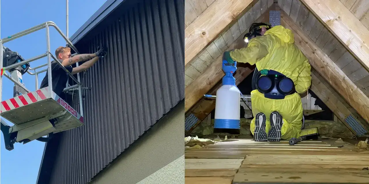 Arbetare installerar ventilation i en friggebod. En person i skyddsdräkt arbetar i en vind.