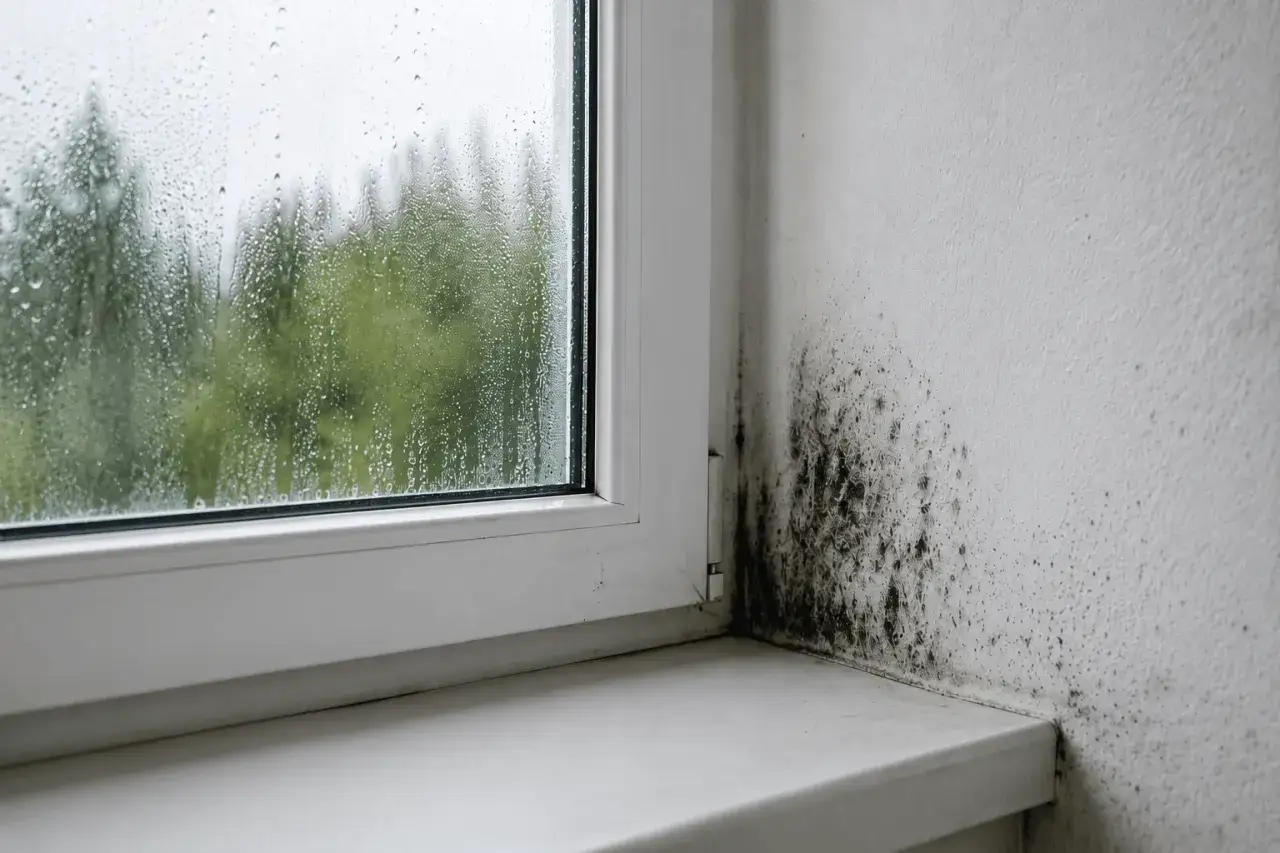 Mögel på väggen vid ett fönster med kondens. Hög luftfuktighet inomhus kan leda till sådana här problem.