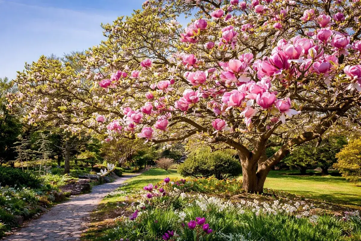En magnifik magnolia i full blom. En stenlagd stig leder genom en lummig trädgård med tulpaner och andra vårblommor. Kanske dags att flytta magnolia till en ny plats?