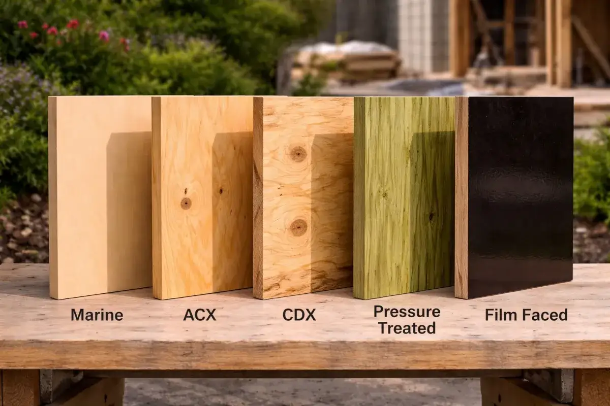 Olika typer av plywood utomhus: Marine, ACX, CDX, tryckimpregnerad och filmbelagd.