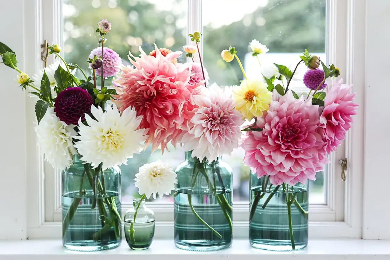 En bukett med dahlia i kruka, i nyanser av rosa, vitt och lila, står på en fönsterbräda.