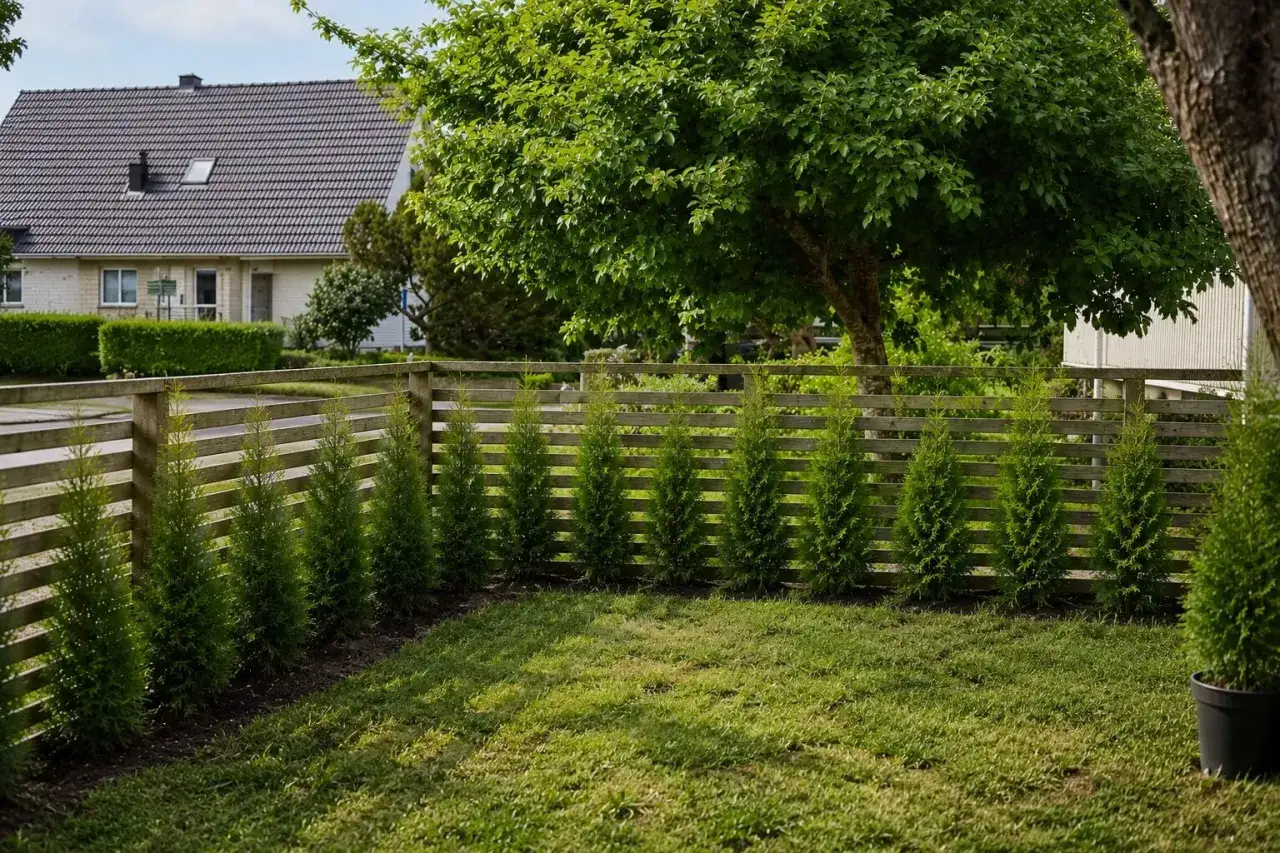 Rad av unga thuja brabant-träd längs en trästaket, med ett hus och en stor lönn i bakgrunden.