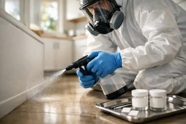 Person i skyddsdräkt sprayar vid golvlisten, kanske för att sanera en gammal asbest plastmatta.