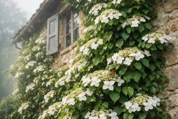 Vacker klätterhortensia klättrar på en stenvägg med ett fönster. Fjärilar och bin besöker de vita blommorna, en idyllisk scen med olika hortensia sorter.